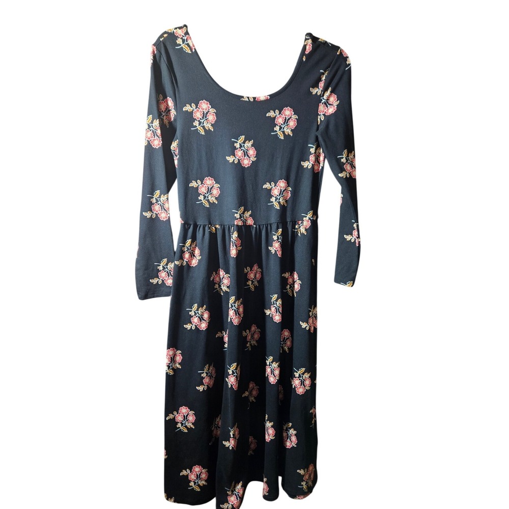 Old Navy Womens Black Floral Long‎ Sleeve Fit Flare Midi Dress Small Scoop Neck